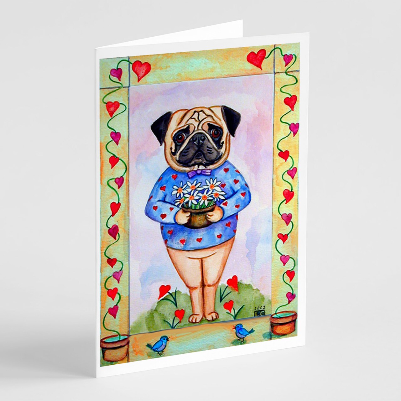 Caroline's Treasures Pug Valentines Hearts Greeting Cards and Envelopes Pack of 8